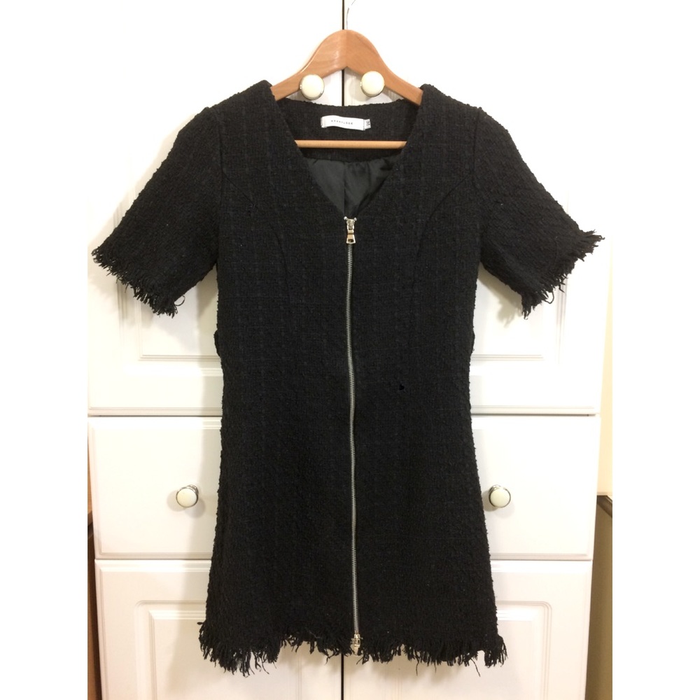 Black zipper fringe trim tweed dress